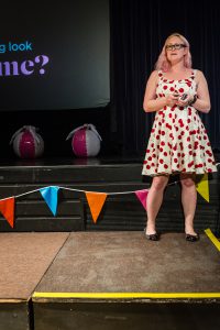 Sarah Semark delivering her presentation at WordCamp Brighton 2016.